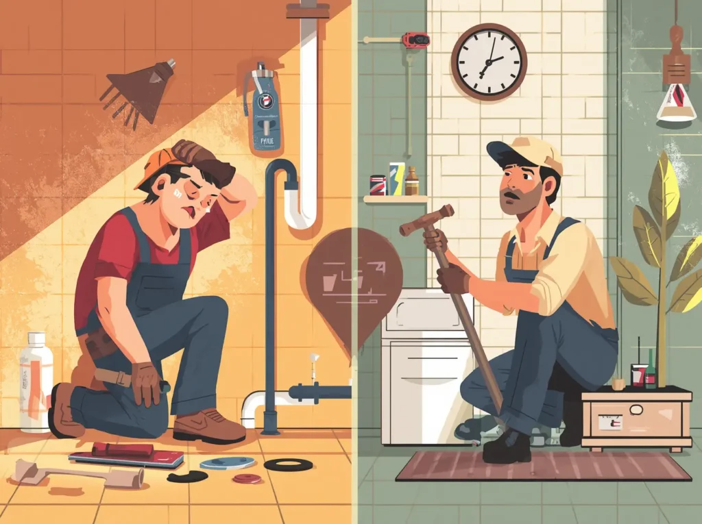 DIY Plumber vs Professional Plumber: Which Should You Choose for Emergency Repairs? DIY Plumber vs Professional Plumber Which Should You Choose for Emergency Repairs comparison image showing both scenarios 1